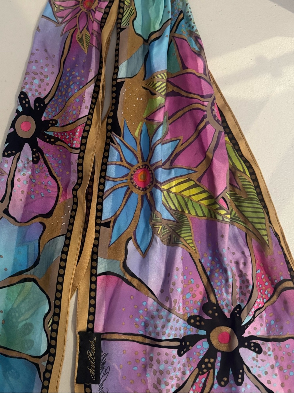 Laurel Burch 100% Silk Floral Scarf Colorful Purple Blue Pink Gold
